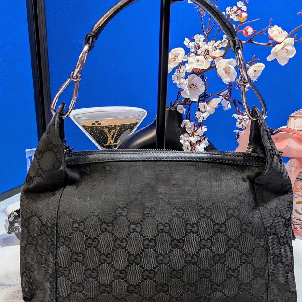 Gucci Black Denim And Leather Shoulder Bag with Monogram Canvas - Picture 3 of 16